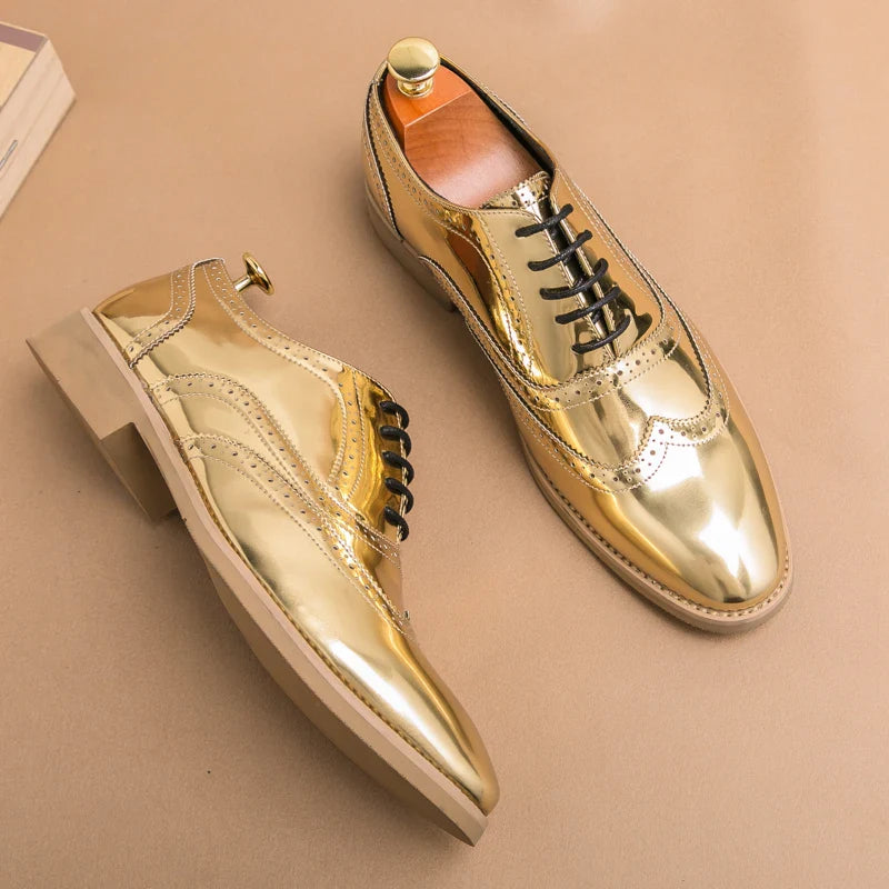 Men's Shoes Gold Patent Leather Luxury Groom Dress Wedding Designer Style Oxford