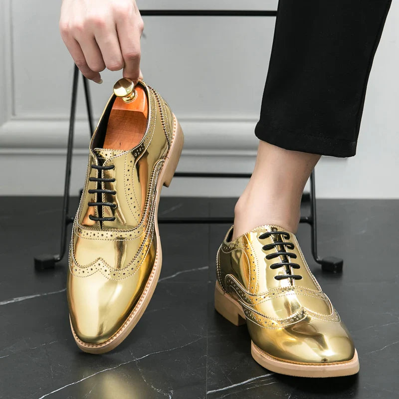 Men's Shoes Gold Patent Leather Luxury Groom Dress Wedding Designer Style Oxford