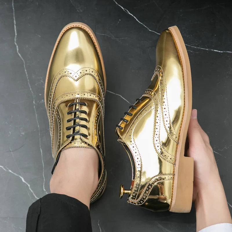 Men's Shoes Gold Patent Leather Luxury Groom Dress Wedding Designer Style Oxford