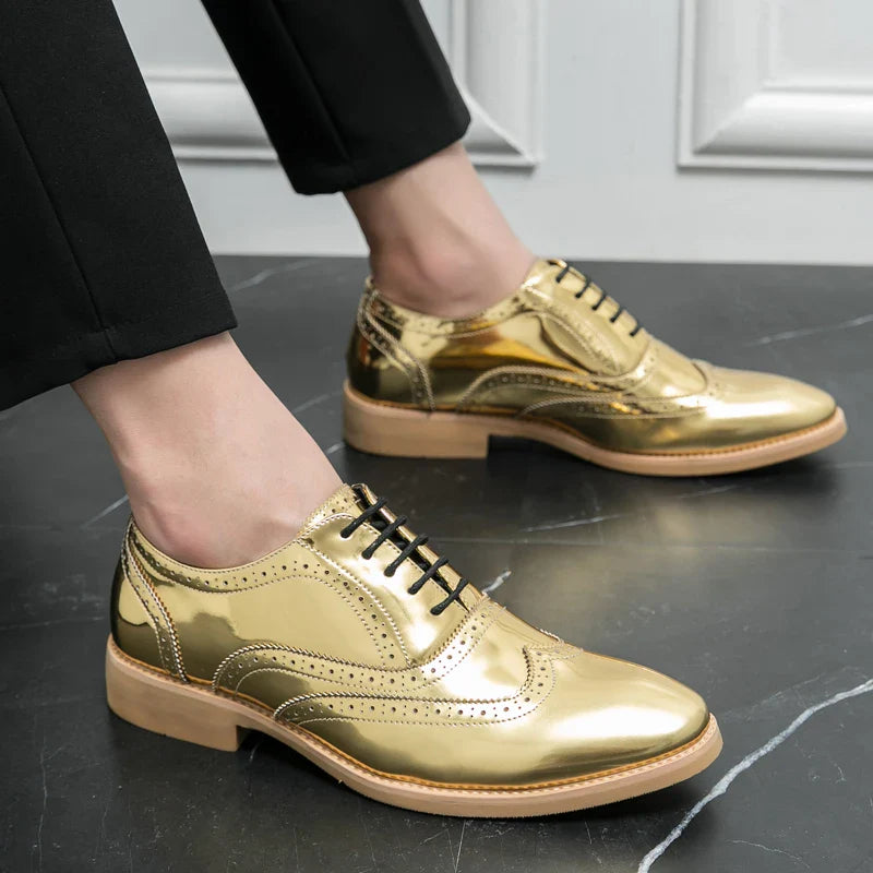Men's Shoes Gold Patent Leather Luxury Groom Dress Wedding Designer Style Oxford