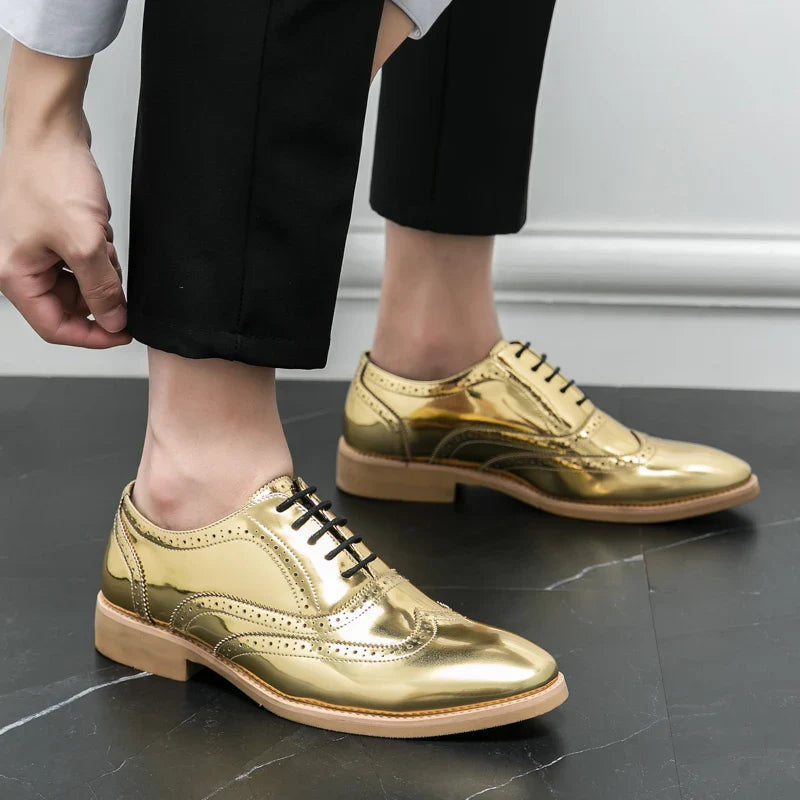 Men's Shoes Gold Patent Leather Luxury Groom Dress Wedding Designer Style Oxford