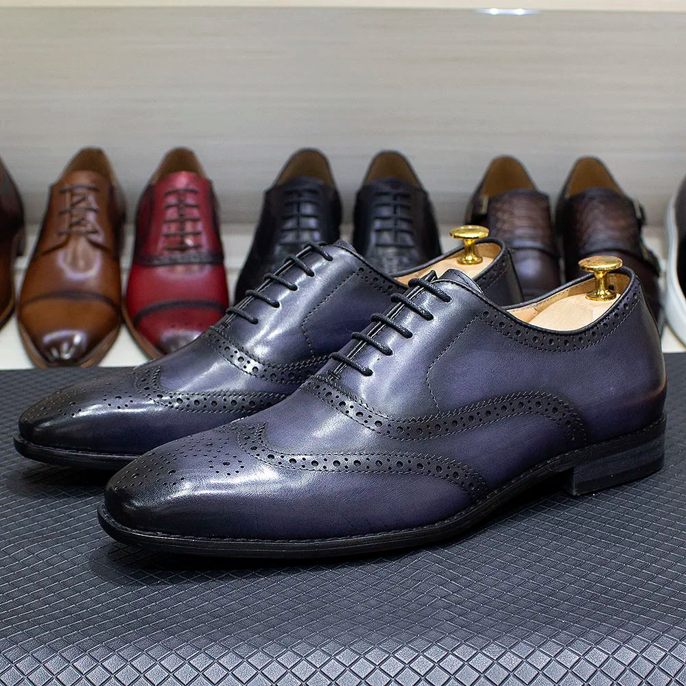 Handmade Men's Wingtip Oxford Shoes Genuine Calfskin Leather Brogue Dress Classic Formal Shoes