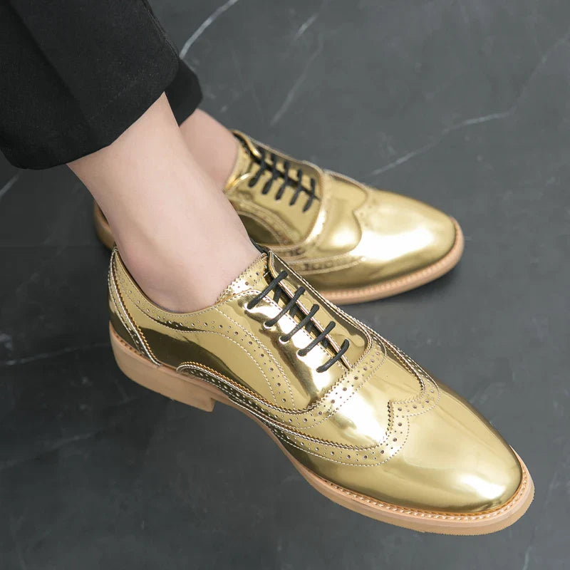 Men's Shoes Gold Patent Leather Luxury Groom Dress Wedding Designer Style Oxford