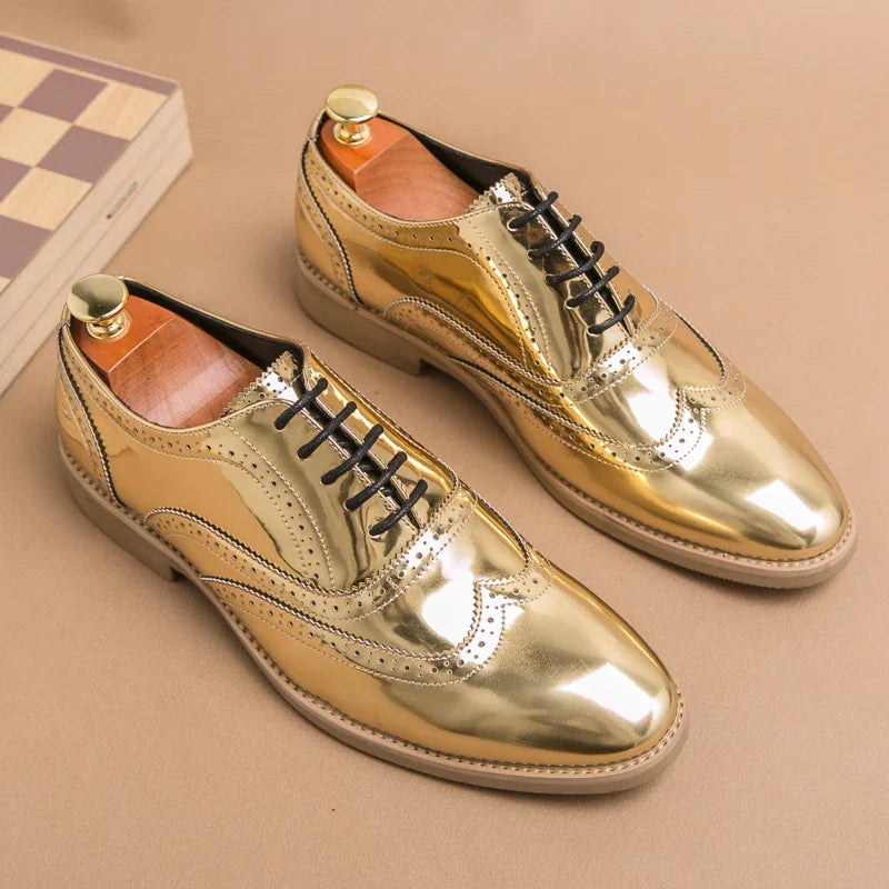 Men's Shoes Gold Patent Leather Luxury Groom Dress Wedding Designer Style Oxford