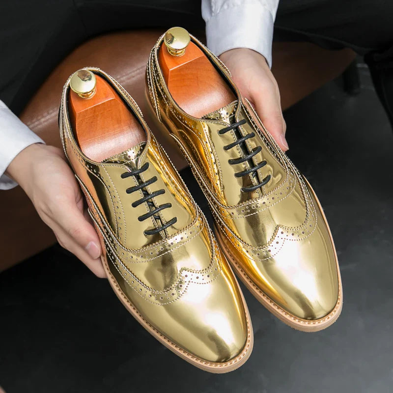 Men's Shoes Gold Patent Leather Luxury Groom Dress Wedding Designer Style Oxford