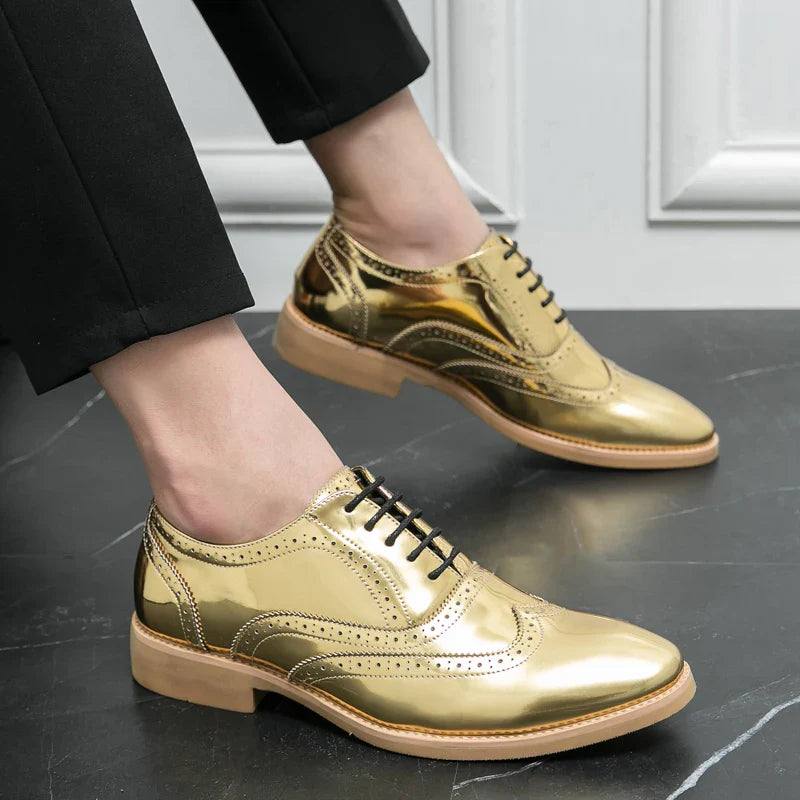 Men's Shoes Gold Patent Leather Luxury Groom Dress Wedding Designer Style Oxford