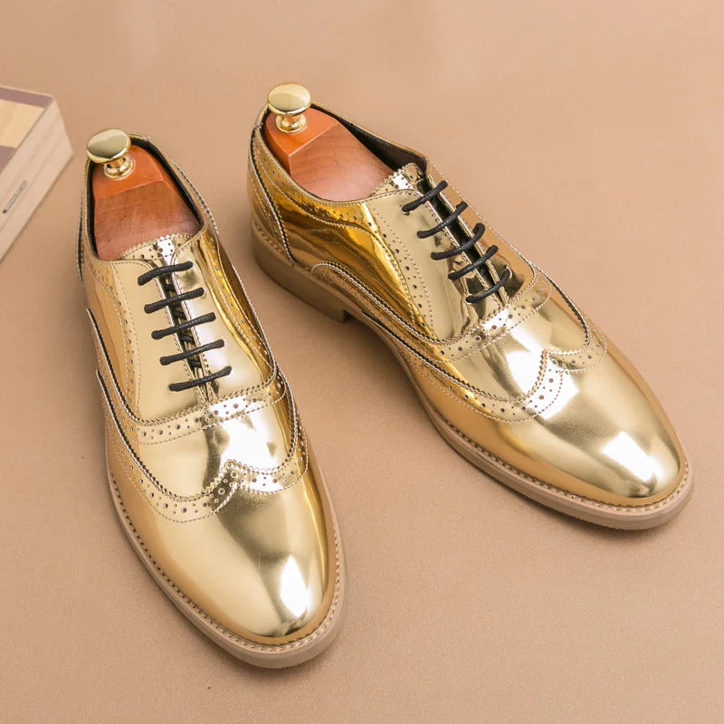 Men's Shoes Gold Patent Leather Luxury Groom Dress Wedding Designer Style Oxford