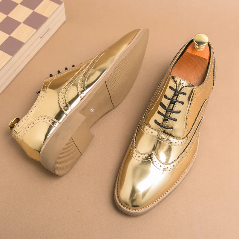 Men's Shoes Gold Patent Leather Luxury Groom Dress Wedding Designer Style Oxford